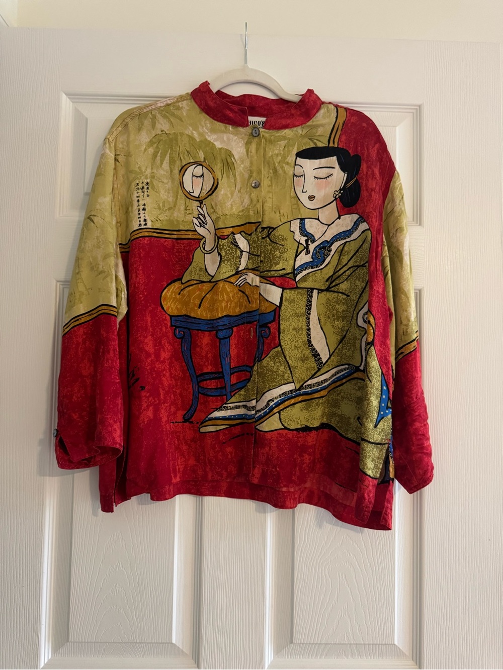 Vintage Red and Gold Silk Graphic Button-Up Top very classy